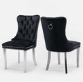 Velvet Upholstered Dining Chairs Set of 2, Modern Style Kitchen Side Chairs with Nailhead Trim and Silver Plated Leg, Metal Pulling Ring for Dining Room Living Room(Black,Set of 2)