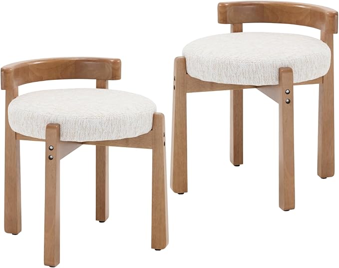 Modern Vanity Chair Upholstered Small Ottoman Footstool, Make Up Stool Chenille Fabric with Backrest Wooden Frame for Living Room Bedrooms, 2PCS, Beige