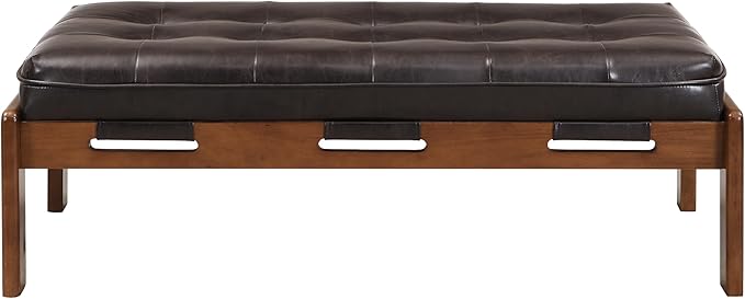 Christopher Knight Home Penley Modern Rectangular Faux Leather Upholstered Living Room Ottoman Bench/Coffee Table, Rubberwood Frame, Tufted Large Sofa Footstool, Multi-Functional, Dark Brown+Walnut