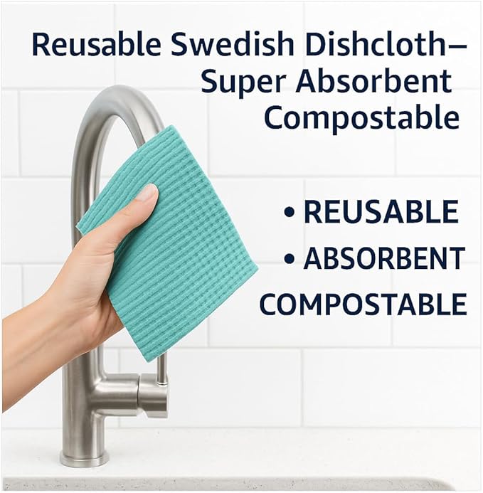 Paperless Kitchen Swedish Dishcloths 12-Pack – Reusable Eco-Friendly Cleaning Towels, Super Absorbent Cellulose Sponge Cloths for Kitchen, Dishes & Countertops, Quick-Dry & Compostable