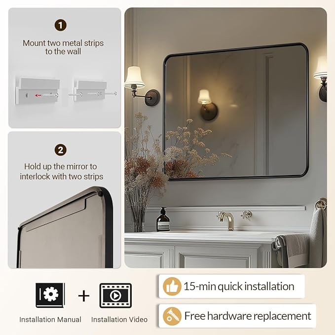 ANDY STAR Black Bathroom Mirror, 30x40 Inch Rounded Rectangle Mirror for Bathroom, Modern Tube Matte Black Framed Rectangular Mirrors for Vanity, Explosion-Proof Film, Wall Mount Horizontal/Vertical