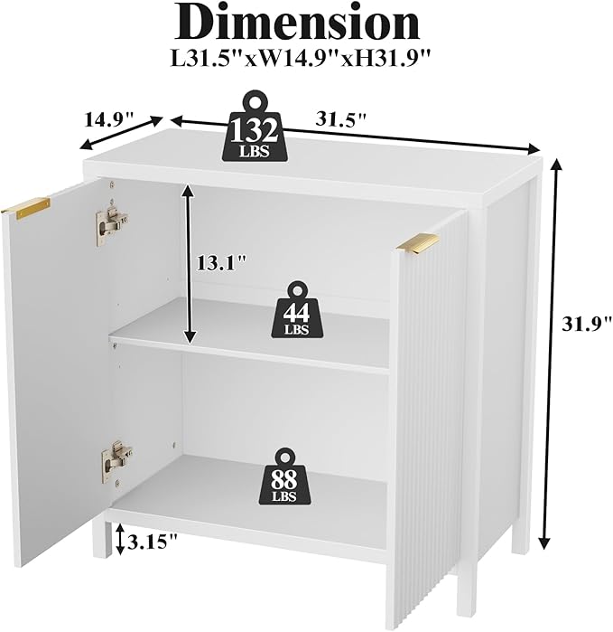 Sideboard Buffet Cabinet Set of 2, 31" Fluted Storage Cabinet with 2 Doors and Adjustable Shelves, Modern Sideboard Console Table for Living Room,Entryway,Dinning Room,Kitchen-White