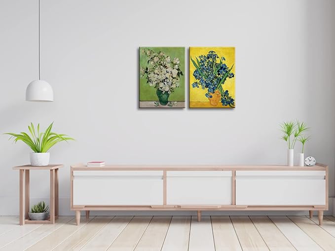 Wieco Art 2 Piece Irises in Vase Floral Canvas Prints Wall Art by Van Gogh Classic Artwork Famous Oil Paintings Reproduction on Canvas for Home Decor Modern Wrapped Flowers Pictures