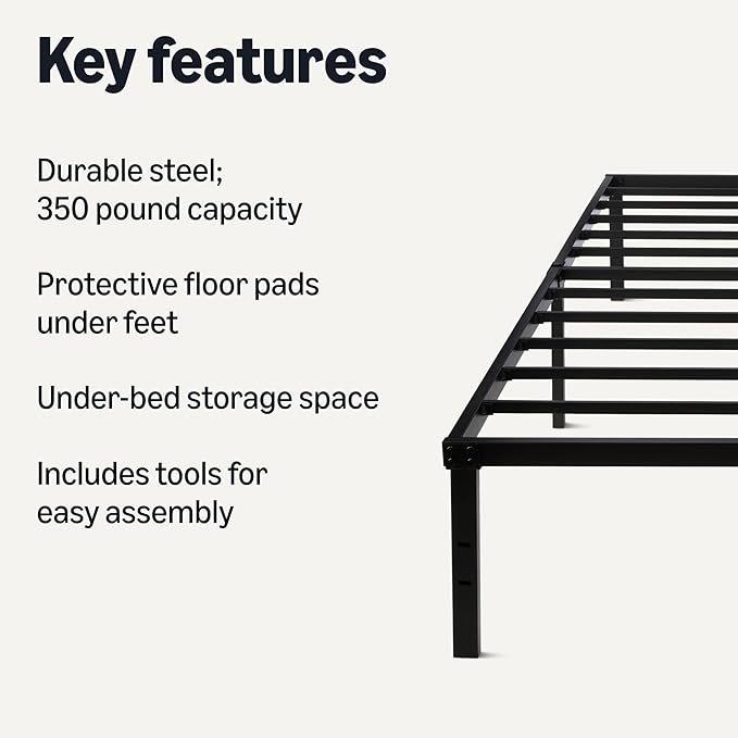 Amazon Basics Metal Bed Frame, Non-Foldable Platform Bed, Easy Assembly, Twin, 39W x 75L x 14H in, Black