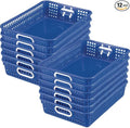 Really Good Stuff Plastic Desktop Paper Storage Baskets for Classroom or Home Use – 14”x10” Plastic Mesh Baskets Keep Papers Crease-Free and Secure – Blue Baskets With White Handles (Set of 12)
