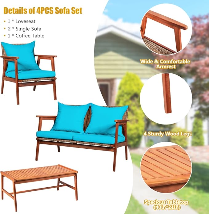 COSTWAY 4 Pieces Acacia Wood Patio Conversation Set, Outdoor Wicker Sofa with Coffee Table & Cushions, Patio Rattan Furniture Set for Yard, Porch, Poolside, Balcony, Backyard, Turquoise
