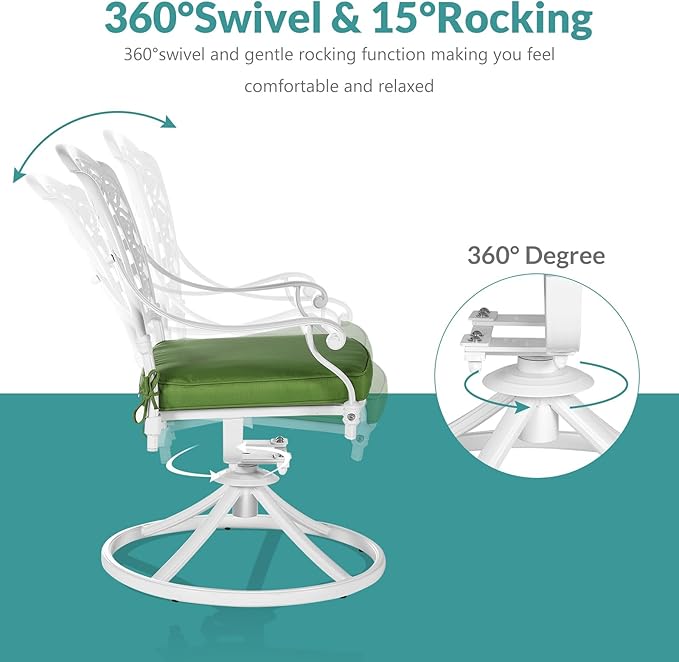 MEETWARM 9-Piece Outdoor Patio Dining Set, All-Weather Cast Aluminum Patio Conversation Set with 8 Cushioned Swivel Rocker Chairs for Backyard Garden Deck, 1 Oval Table, 2" Umbrella Hole, White