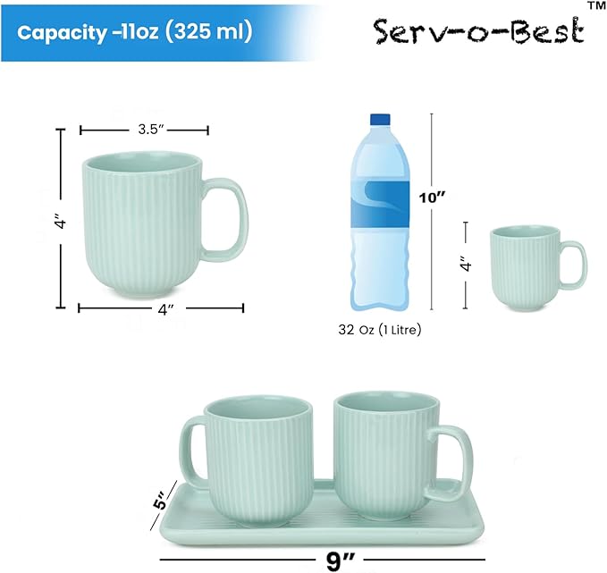 Ceramic Coffee Mugs with Handle Set – 2-Piece 11 Oz Ceramic Coffee Cups & 9" Tray, Handmade Sea Mist Green Color, Microwave Safe Gift Set for Tea Lovers, Home Kitchen Décor