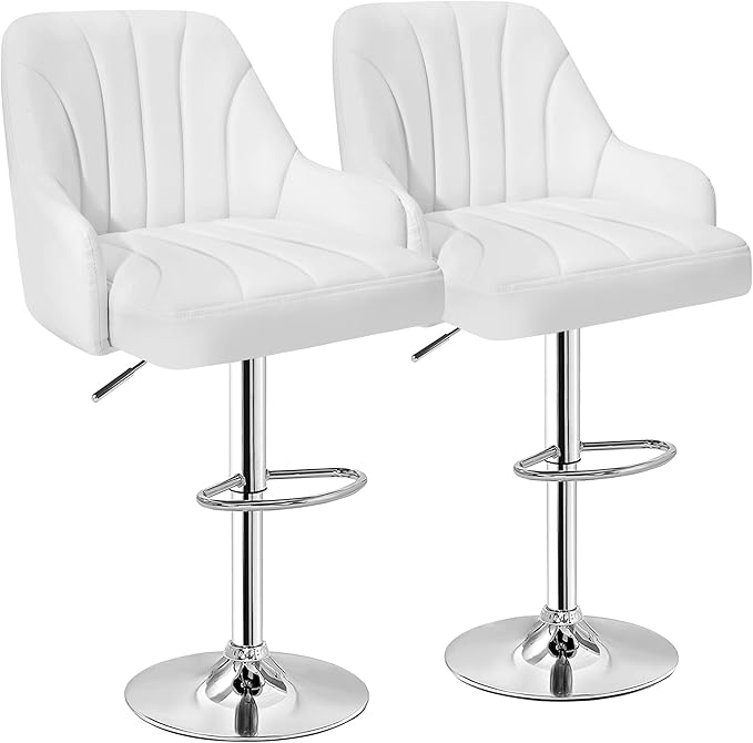 VECELO Bar Stools Set of 2, Adjustable Barstools, Counter Height Stools with Back and Arm, Kitchen Island Stools, Swivel PU Leather Stools, Modern Style, White