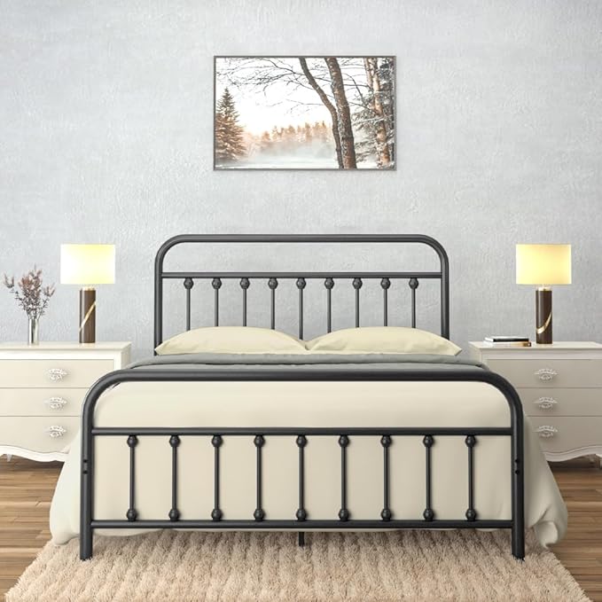 Golden Gate Beds Vintage Style Metal Bed Frame with Wrought Iron Headboard and Footboard, Classic Platform Bedframe with Storage, No Box Spring Needed, Mattress Foundation, Black, Queen Size