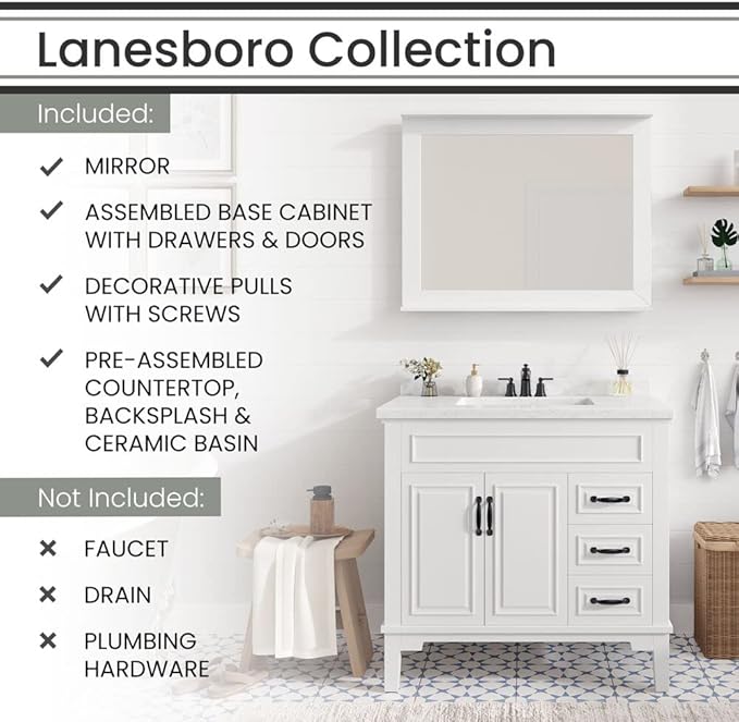 Hanover 36 Set Includes w, White Lanesboro 36'' Vanity Sink Combo for Bathroom, Powder Room | Pre-Assembled 2 Doors, 3 Drawers | Accent Mirror | Artificial Stone Countertop, Cabinet, 36 inches
