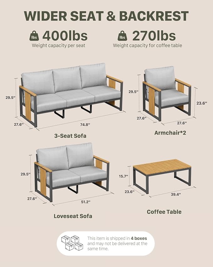 ZANDOR Aluminum Outdoor Patio Furniture Set,5-Piece Sectional Sofa with Coffee Table,Washable Thick Cushions,Modern Patio Conversation Set for Backyard,Garden,Porch,Balcony,Deck,Gray