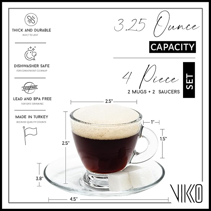 Vikko Espresso Cups, 3.25 Ounce Small Coffee Mugs with Saucer, Set of 2 Clear Glass Coffee Mug, Durable Dishwasher Safe Glass Cups for Coffee or Tea