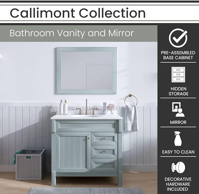 Hanover 36 Set Includes w, Blue Callimont 36'' Vanity Sink Combo for Bathroom, Powder Room | Pre-Assembled 1 Door, 3 Drawers | Accent Mirror| Artificial Stone Countertop Cabinet, 36 inches