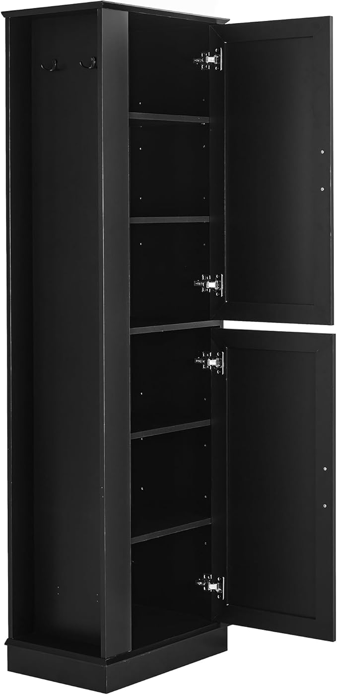 Tall Freestanding Storage Cabinet, Multi-Purpose Floor Organizer with 2 Doors, Hook and Adjustable Shelf for Bathroom, Office, Black