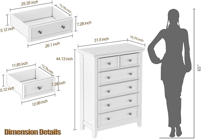 White Dresser for Bedroom, 6 Chest of Drawers, Farmhouse Dresser for Bedroom, Tall Storage Drawers Cabinet for Living Room, Home Office