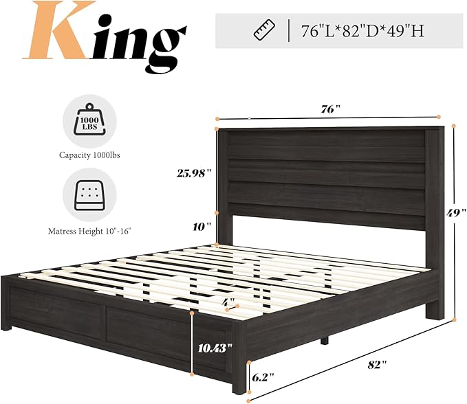 AMERLIFE Farmhouse King Size Bed Frame with 49" Fluted Headboard, Wood Platform Bed with Natural Grain, No Box Spring Needed/Noise Free, Black