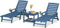 SERWALL Outdoor Lounge Chairs Set with Side Table, HDPE Patio Chaise Lounge All Weather Outdoor Lounger Set of 3 for Pool, Deck, Blue