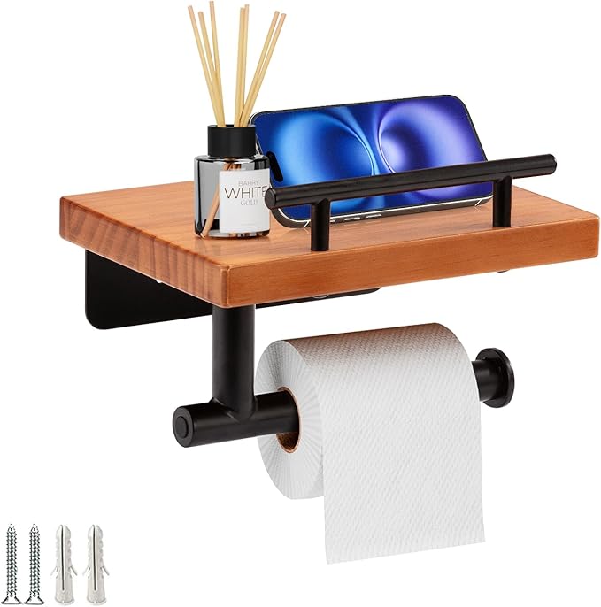 Toilet Paper Holder with Wood Shelf, Wall Mount Toilet Paper Roll Holder with Wooden Shelf and Matte Black Stainless Steel Pipe, Tissue Roll Holder for Bathroom Washroom (Light Brown, 7.9'' x 5.9'')