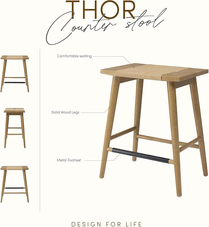 Thor Wicker Premium Solid Wood Counter Stool 24", Backless Counter Height Seating with Hand-Knitted Rope, Eco-Friendly Modern Design (Light Brown)