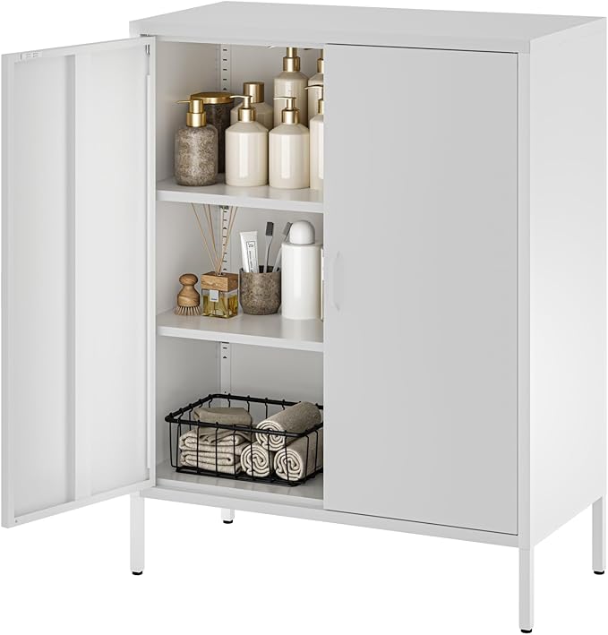 Metal Cabinet with 2 Doors and 4 Shelves，39.96" Tall Steel Office Cabinet,Bathroom Floor Locker，for Office,Home,Garage,Gym,School (White)