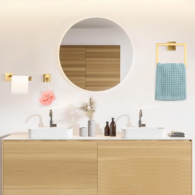 Gisafai 15 Pcs Bathroom Hardware Accessories Set 23.6 Inch Bath Towel Bar Kit Stainless Steel Bathroom Hardware Set Towel Racks Ring Hooks Paper Holder for Wall Mounted (Brushed Gold)