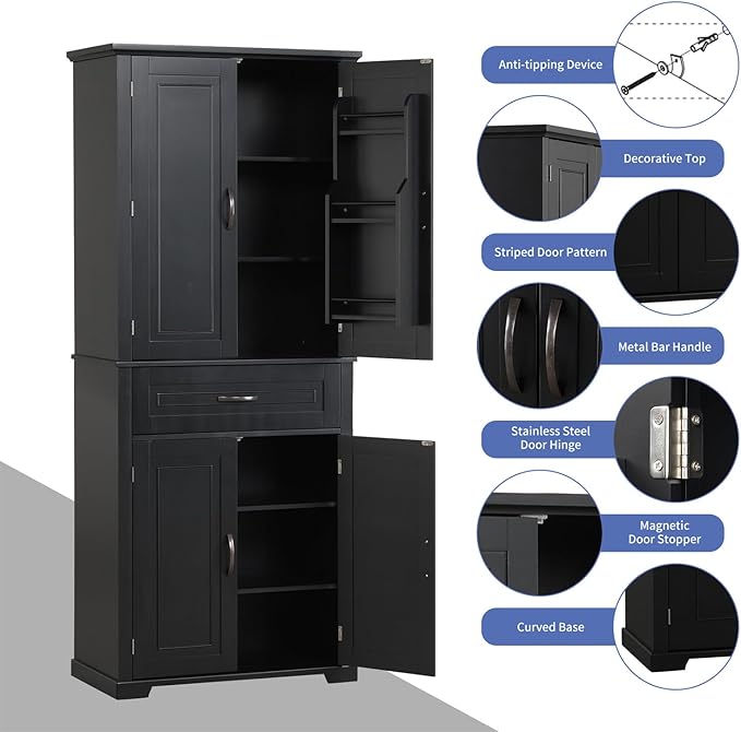 Polibi Bathroom Storage Cabinet with 4 Doors, 3-Tier Door Racks, Storage Drawer, 72" Free-Standing Tall Linen Cabinet for Bathroom, Living Room, Apartment, Black