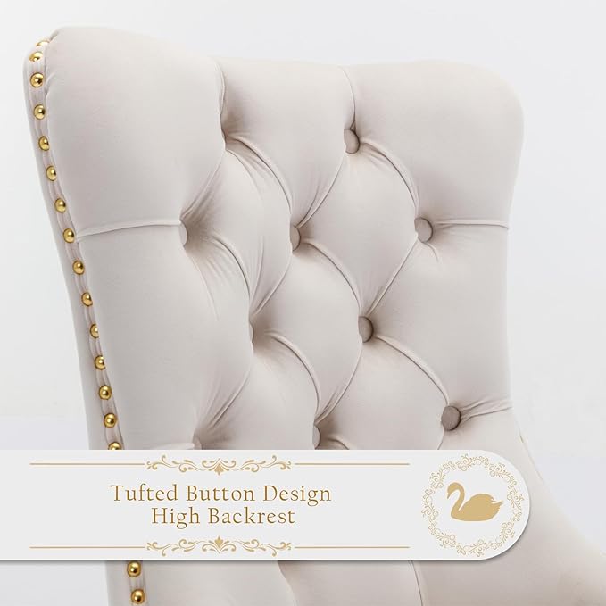 Velvet Upholstered Dining Chairs Set of 4, Modern Style Kitchen Side Chairs with Nailhead Trim and Gold Plated Leg, Metal Pulling Ring for Dining Room Living Room(Beige-Gold Plated Leg)