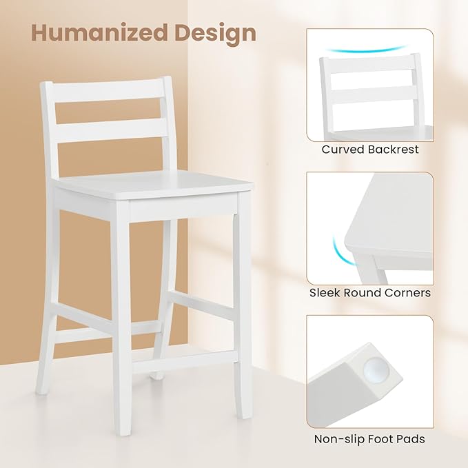 COSTWAY Wooden Bar Stools Set of 4, 24-Inch Counter Height Stools with Ergonomic Backrest & Footrest, Farmhouse High Dining Chairs for Kitchen Island, Pub, Cafe (4, White)