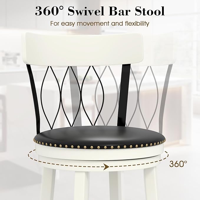 COSTWAY Bar Stools Set of 2, 30” Seat Height Swivel Barstools with Ergonomic Backrest, Soft Cushion & Footrest, Rubber Wood Bar Height Bar Chairs Upholstered Dining Chairs for Kitchen Island