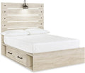Signature Design by Ashley Cambeck Farmhouse Full Panel Platform Bed with 2 Storage Drawers, Cubbies, Sconce Light and USB Ports, Foundation or Box Spring Not Needed, Whitewash