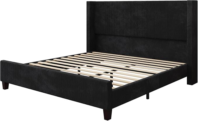 HOWE California King Size Upholstered Bed Frame, Wingback Platform Bed with 50.8" Headboard, Corduroy/Solid Wood Leg/No Box Spring Needed/Noise Free/Black