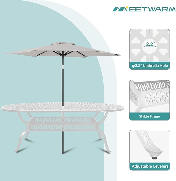 MEETWARM 9-Piece Outdoor Patio Dining Set, 8 Outdoor Dining Chairs and 1 Oval Table with 2" Umbrella Hole, All Weather Cast Aluminum Patio Funiture Set for Backyard, Garden, Patio,White