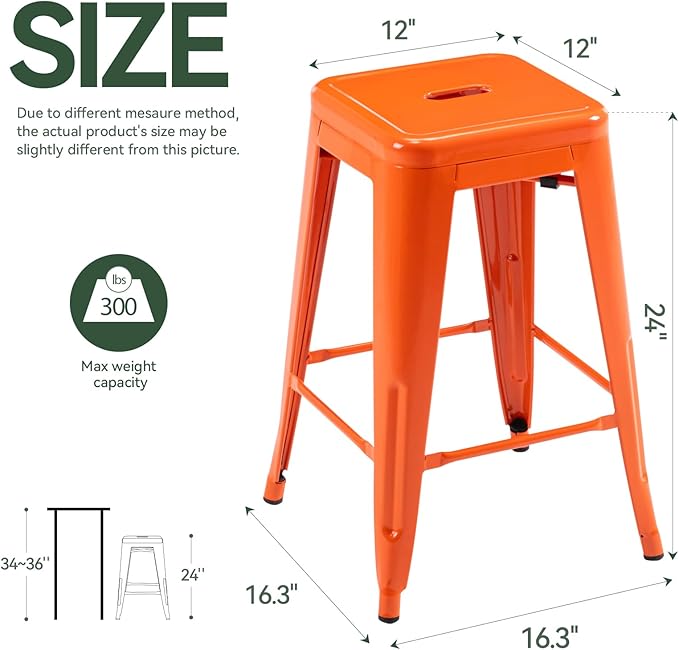 Vogue Furniture Direct 24" High Bar Stools Backless Orange Metal Barstools Indoor-Outdoor Counter Height Stools with Square Seat, Set of 4
