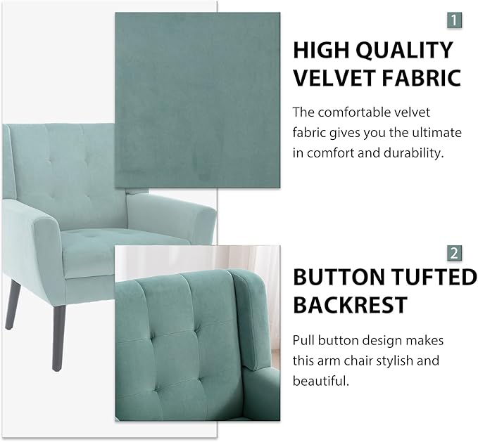 Dolonm Midcentury Modern Velvet Accent Chair with Arms, Upholstered Reading Side Chair Tufted Back Decorative Wingback Chair for Living Room Bedroom (Mint Green)