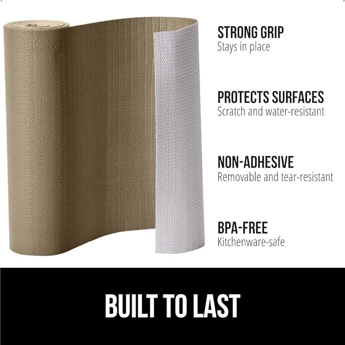 GORILLA GRIP Slip Resistant Drawer and Shelf Liner 2 Pack, Non Adhesive Water Resistant, Easy Clean and Trim, Smooth Surface Liners for Kitchen Cabinet, Shelves, Drawers, Pantry, 12 in x 10 FT, Beige
