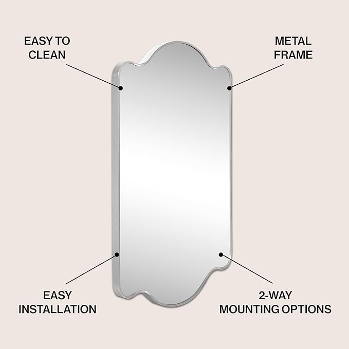 JONATHAN Y MIR205B Louisa 24 in. W x 36 in. H Medium Scalloped Rectangular Metal Framed Wall Mirror, for Bathroom, Living Room, Bedroom, Nickel