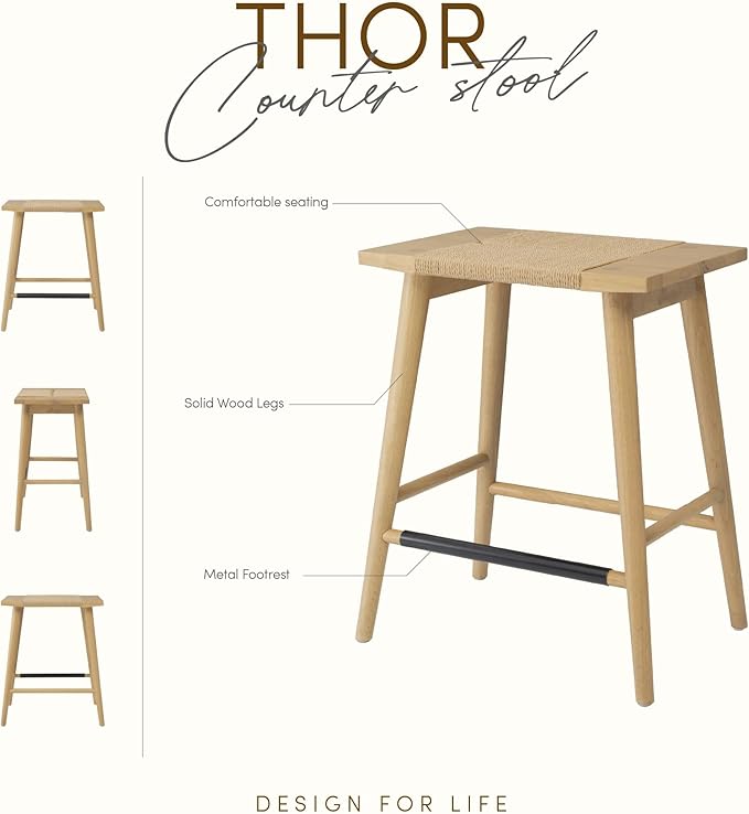 Thor Wicker Premium Solid Wood Counter Stool 24", Set of 2, Backless Counter Height Stool with Hand-Knitted Rope, Eco-Friendly Modern Design (Light Oak)