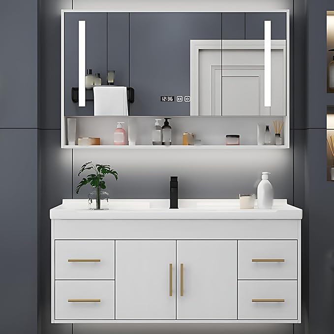 72IN Modern Bathroom Vanity - LED Intelligent Mirror Cabinet Includes Time Display & Defogging | Bathroom Cabinet with Sink & Open Storage Compartments, Ceramic Washbasin, 4 Drawers (Style A)