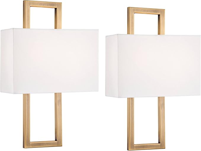 Possini Euro Design Modena Modern Wall Light Sconces Set of 2 French Brass Gold Hardwired 9 1/2" Fixture Off-White Faux Silk Half Shade for Bedroom Bathroom Vanity Living Room Home Hallway Dining