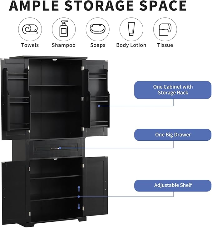 Polibi Bathroom Storage Cabinet with 4 Doors, 3-Tier Door Racks, Storage Drawer, 72" Free-Standing Tall Linen Cabinet for Bathroom, Living Room, Apartment, Black