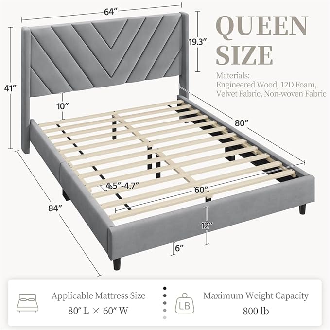 Yaheetech Queen Bed Frame Upholstered Platform Bed with Wing Side/Wooden Slat Support/Tufted Headboard with Wing Side/Mattress Foundation/No Box Spring Needed,Light Gray Queen Bed