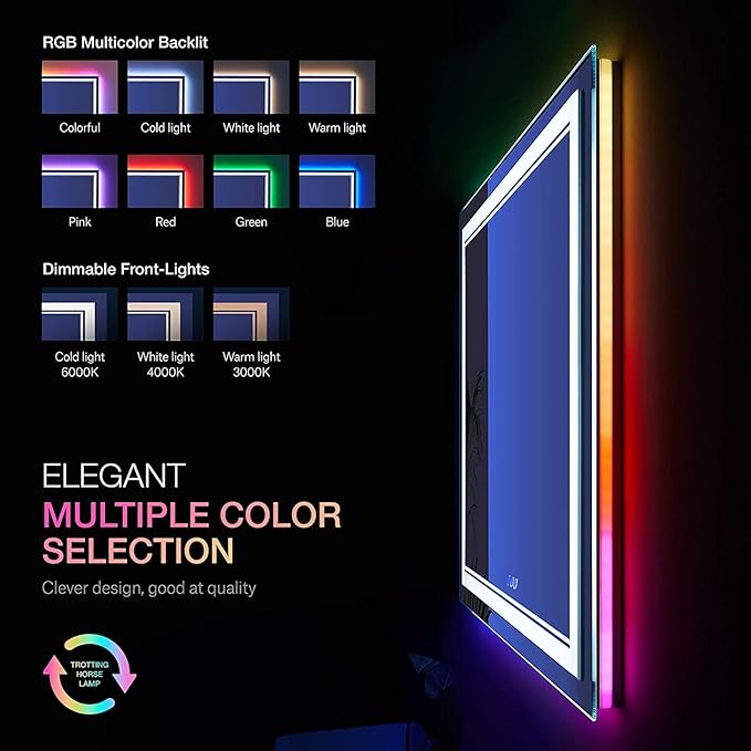 40x36 Inch RGB LED Bathroom Mirror with Lights, Color Changing RGB Backlit LED Mirror for Bathroom,Lighted Vanity Mirrors for Bathroom Wall, Dimmable, Anti-Fog (RGB Backlit+Front-Lit)