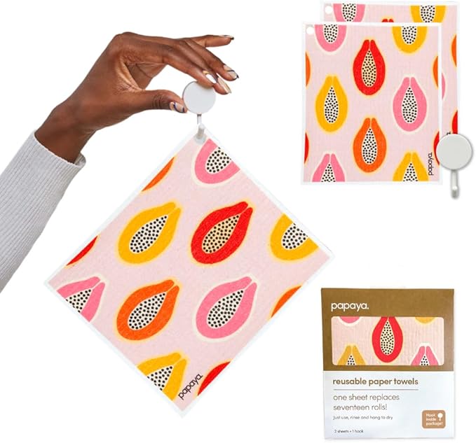 Papaya Reusable Paper Towels, Premium Swedish Dishcloths, Washable Reusable Dish Cloths, 1 Sheet Replaces 17 Rolls, Eco Friendly Stocking Stuffer - 2 Sheets, 1 Hook