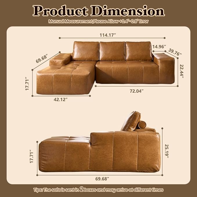114" Boneless Couches for Living Room, Brown Faux Leather Cloud Sectional Couches with Chaise, Deep Seat L Shaped Modular Sofa, No Assembly Required Sofas in a Box (Left,Faux Leather,Brown)