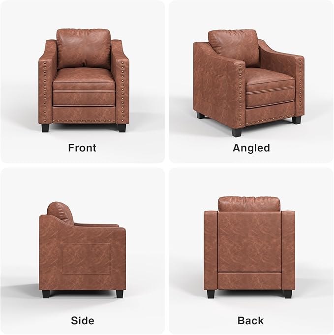 Mid Century Modern Accent Chair, 30 Inches PU Leather Armchairs, Barrel Chair Living Room Chairs Club Chair with Cushion Reading Chair for Bedroom, Apartment, Reading Room, Brown