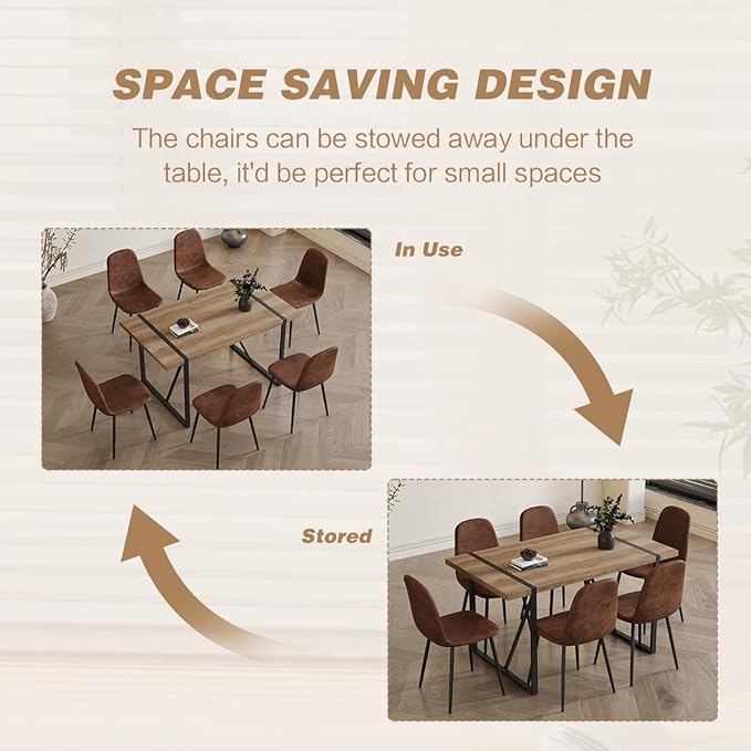 6 Chair Dining Table Set，Dinner Table Set for 6, 55'' Kitchen Table and Suede Nap Fabic Chairs Set of 6, 7 Piece Dining Table Set for Kitchen Dining Room