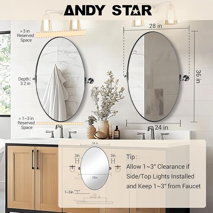 ANDY STAR Oval Bathroom Mirror, 24" x 36" Chrome Stainless Steel Metal Frame Vanity Mirror for Over Sink with Adjustable Tilting Design, Pivoting Mirror for Modern Wall Decor