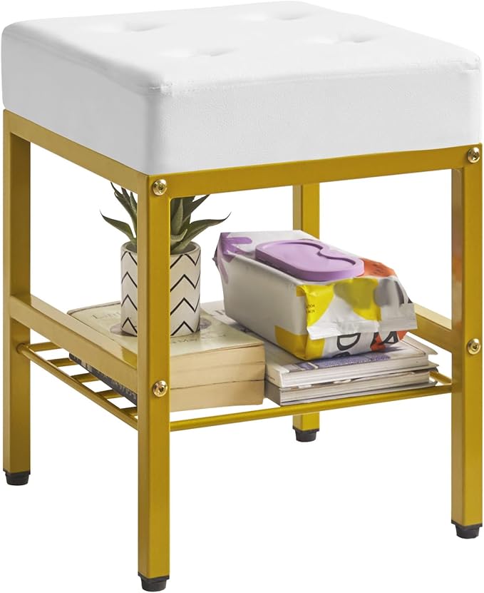 IBUYKE Square Makeup Stool with Adjustable Feet and Storage Space, Footrest Chair, PU Vanity Seat, Multi-Use as Small Side Table or Ottoman, for Bedroom, White LG-60W
