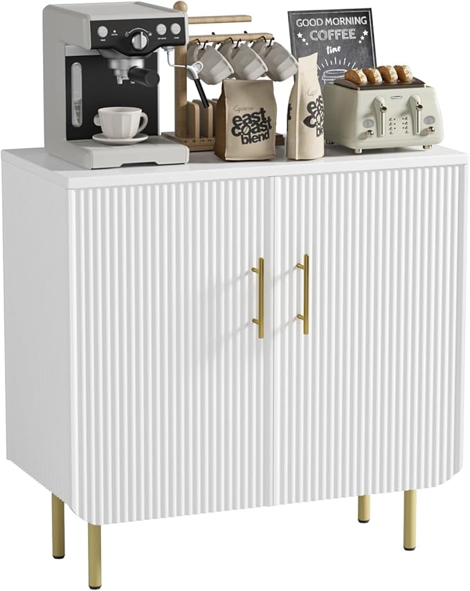 Buffet Cabinet with Storage, Sideboard with 2 Doors, Adjustable Shelf, Fluted Accent Cabinet for Living Room, Modern,White